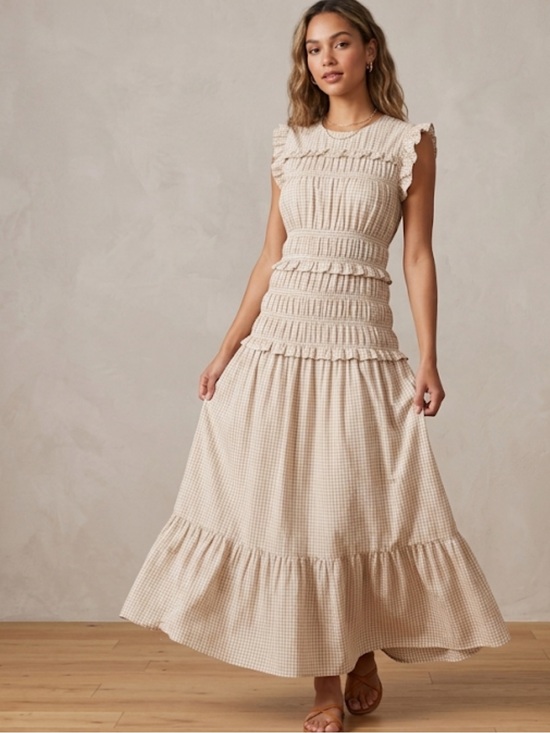 Caroline Constas Dresses & Skirts - Caroline Constas Tan White Gingham Check Plaid Midi Smocked Sundress size small